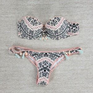 Victoria's Secret Bikini Set 34B SP Pink Shell Tassel Bandeau Boho Swimsuit